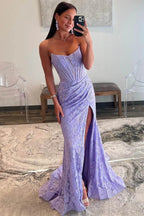 Mandy | Lavender Strapless Lace Ruched Mermaid Prom Dress with Slit by KissProm