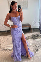 Mandy | Lavender Strapless Lace Ruched Mermaid Prom Dress with Slit by KissProm