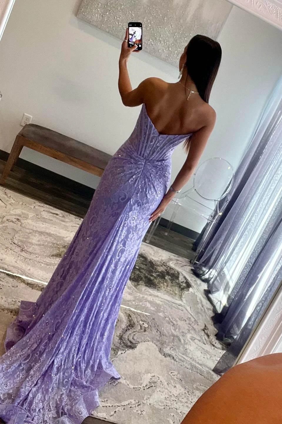 Mandy | Lavender Strapless Lace Ruched Mermaid Prom Dress with Slit by KissProm
