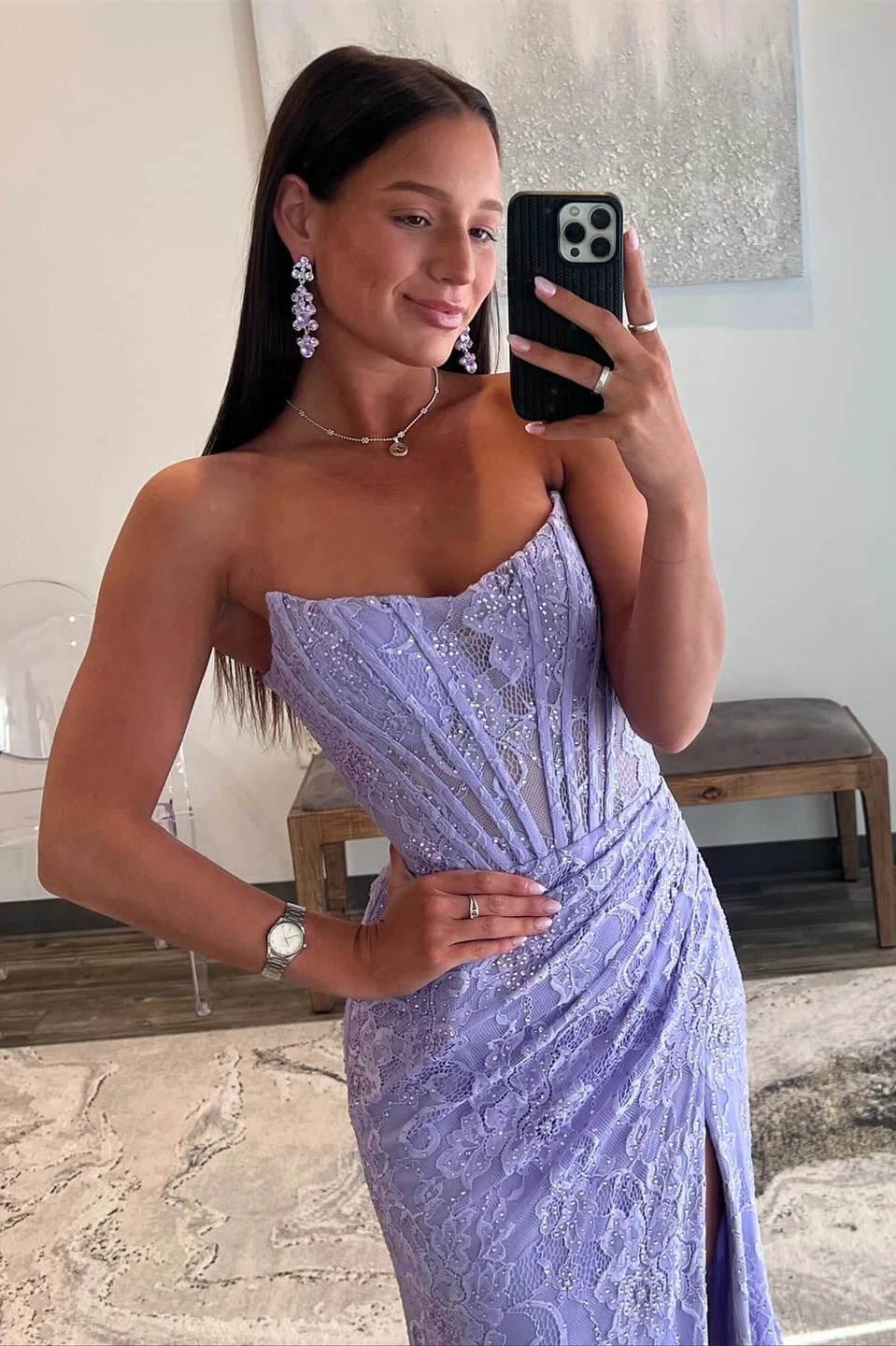Mandy | Lavender Strapless Lace Ruched Mermaid Prom Dress with Slit by KissProm