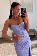 Mandy | Lavender Strapless Lace Ruched Mermaid Prom Dress with Slit by KissProm