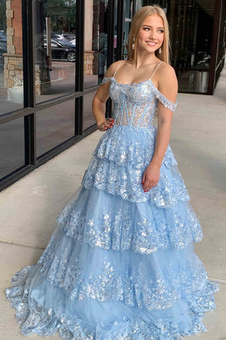 Maureen | Langes Ballkleid aus Tüll mit Pailletten, schulterfreien Rüschen und Stufen