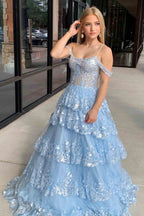 Maureen | Tulle Sequin Cold-Shoulder Ruffle Tiered Long Prom Dress by KissProm