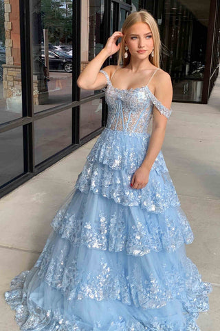 Maureen | Langes Ballkleid aus Tüll mit Pailletten, schulterfreien Rüschen und Stufen