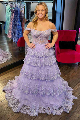 Maureen | Langes Ballkleid aus Tüll mit Pailletten, schulterfreien Rüschen und Stufen