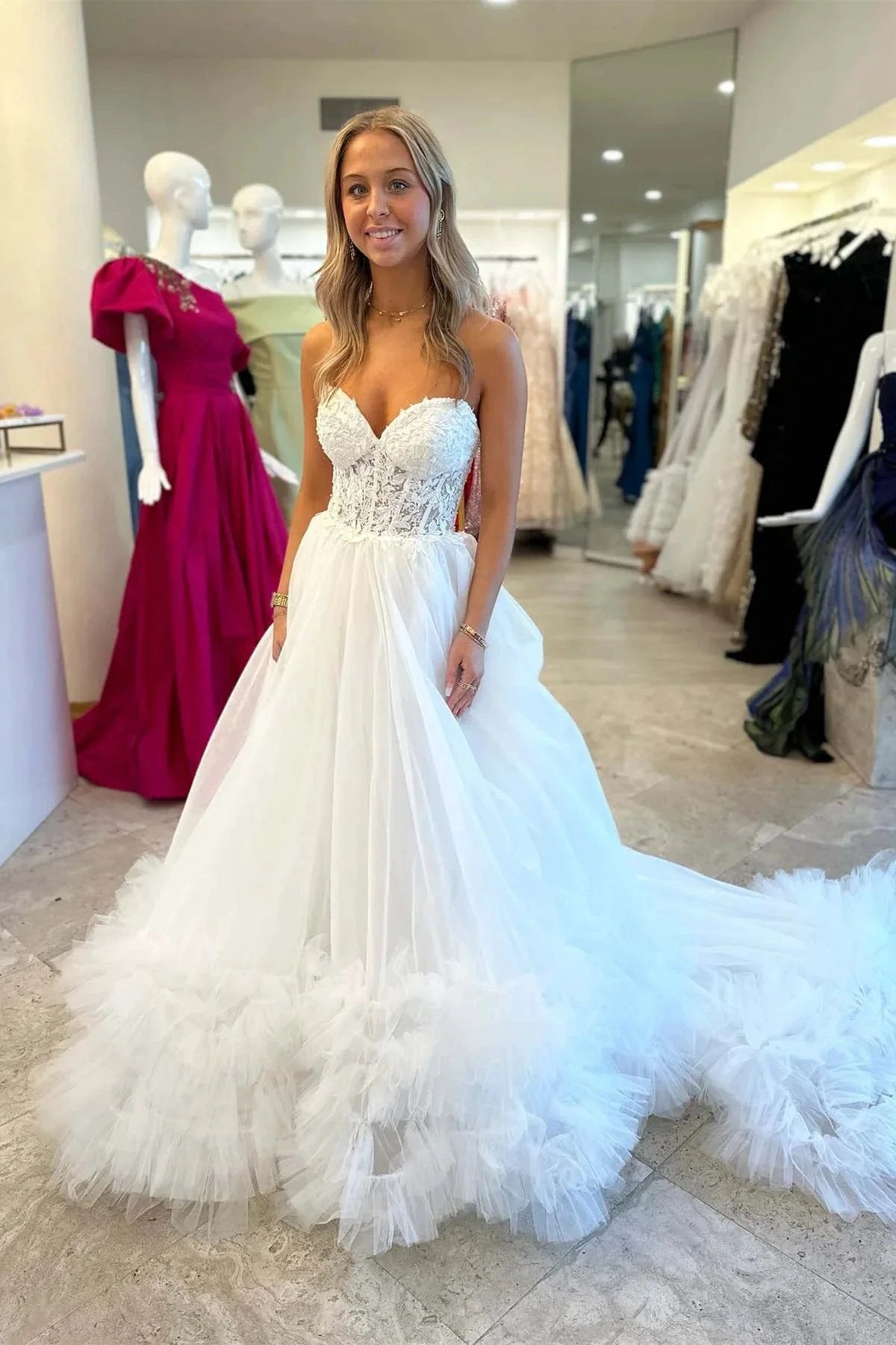 Romy | Red Tulle Appliques Sweetheart Ruffle Long Prom Dress by KissProm