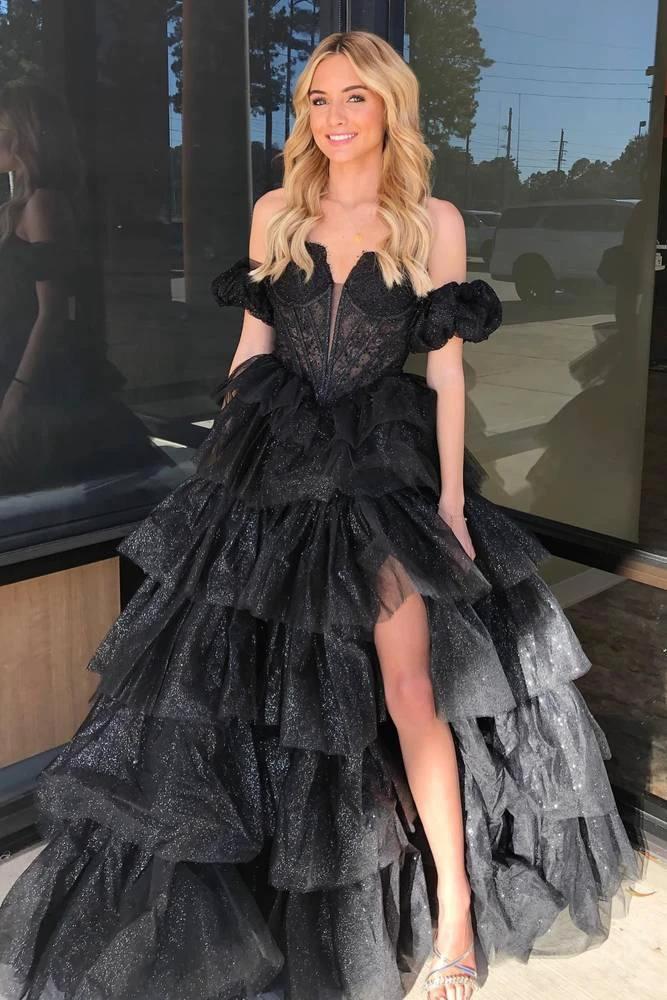 Sexy Sweetheart Black A-Line Lace Layered Dress with Slit by KissProm