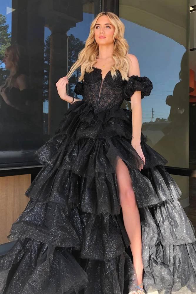 Sexy Sweetheart Black A-Line Lace Layered Dress with Slit by KissProm