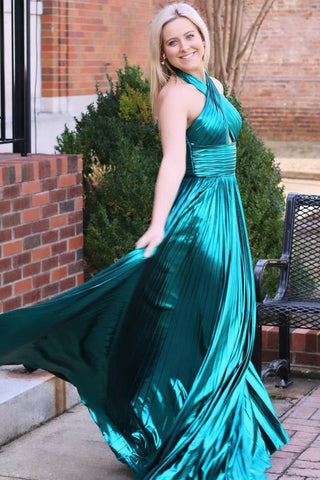 Vestido de fiesta largo azul pavo real con escote halter y corte A con abertura