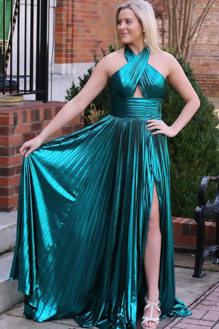 Vestido de fiesta largo azul pavo real con escote halter y corte A con abertura