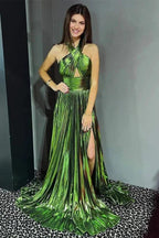 Peacock Blue Halter Neck A-Line Long Prom Dress With Split by Kissprom