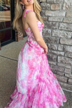 Palmer | Pink Floral Print Corset A-Line Long Prom Dress with Bow Tie Straps by KissProm