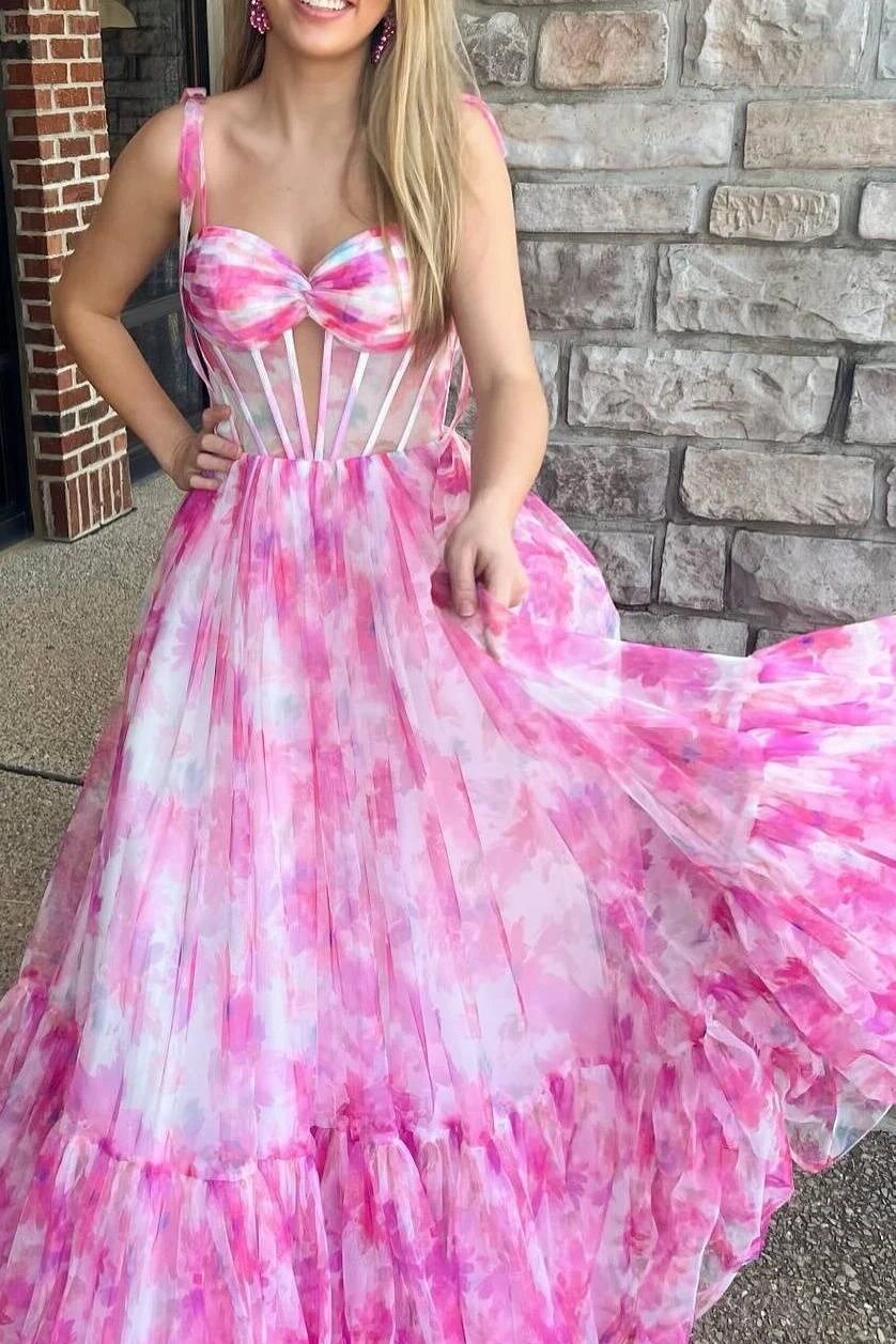 Palmer | Pink Floral Print Corset A-Line Long Prom Dress with Bow Tie Straps by KissProm