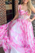 Palmer | Pink Floral Print Corset A-Line Long Prom Dress with Bow Tie Straps by KissProm
