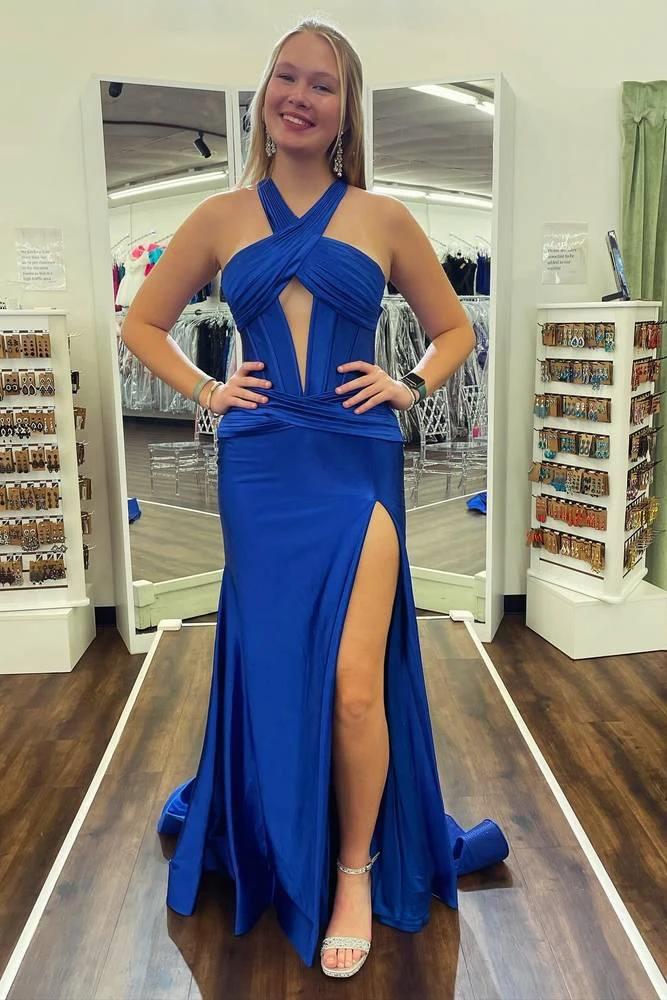 Veda | Green Satin Mermaid Slit Prom Dress with Criss Cross Neck by KissProm