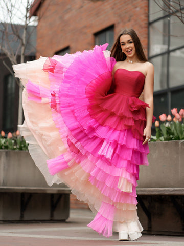 Xiomara | Langes Ballkleid mit herzförmigem, plissiertem Oberteil und Rüschen