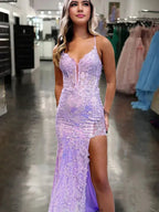Gabby | Lilac V Neck Sequin Lace Long Prom Dresses With Split by KissProm