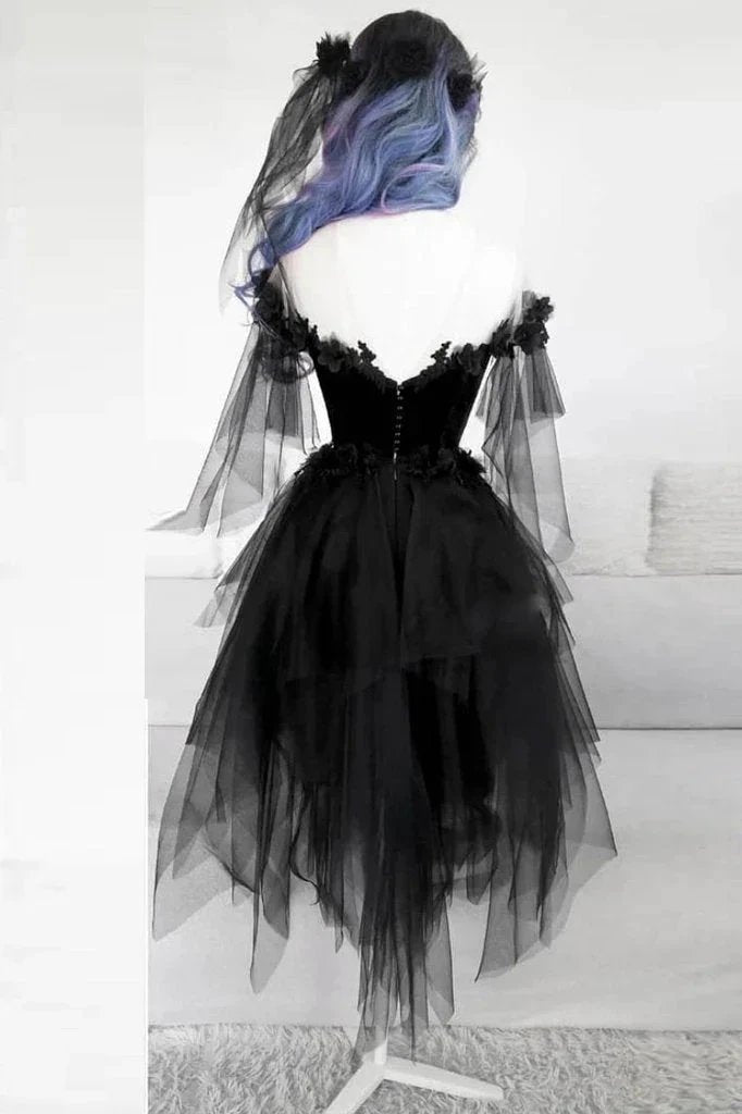 BLACK ROUND NECK TULLE LACE SHORT PROM DRESS BLACK EVENING DRESS S14739 by simplepromdress