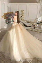 Gorgeous Off Shoulder Champagne Lace Floral Prom Dress, Long 3D Flower Champagne Formal Evening Dress, Champagne Ball Gown S20716 by simplepromdress