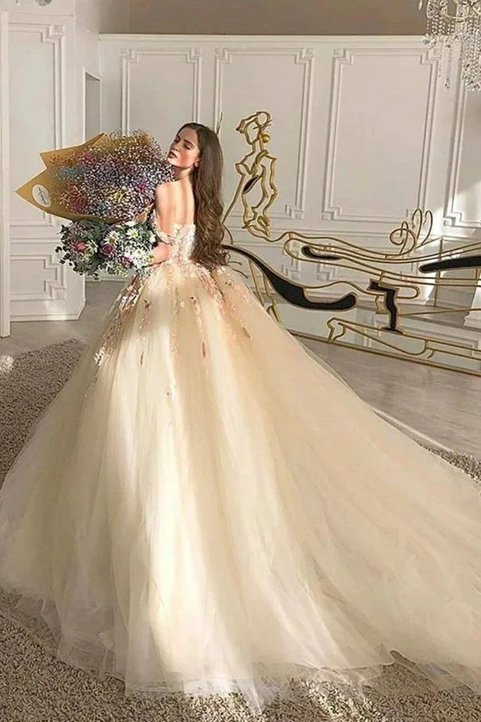 Gorgeous Off Shoulder Champagne Lace Floral Prom Dress, Long 3D Flower Champagne Formal Evening Dress, Champagne Ball Gown S20716 by simplepromdress