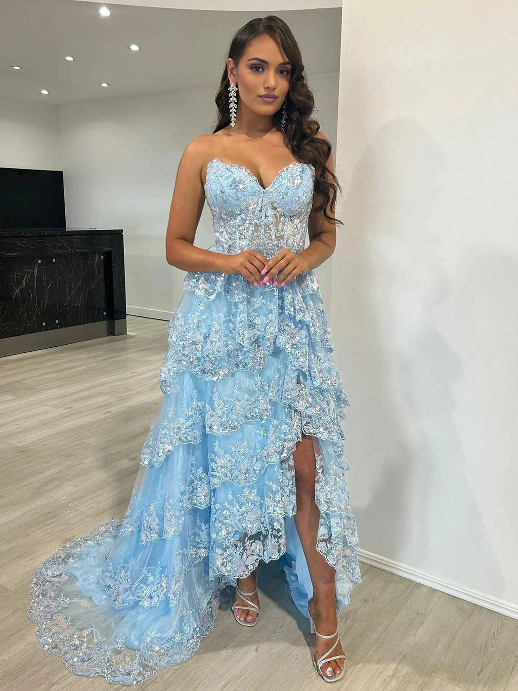 Garnet|Light Blue Strapless Ruffle Tiered Long Prom Dress with Slit by Kissprom