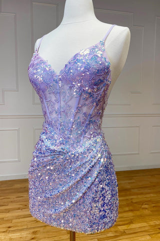 Sparkle Appliques Sequin Lilac Homecoming Lace-up Dress
