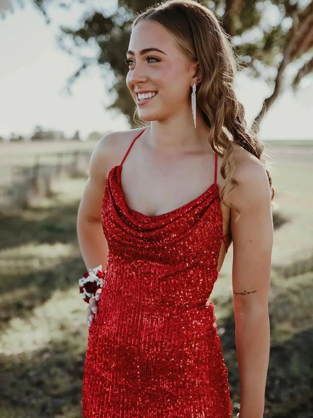Gemini | Red Halter Mermaid Sequins Prom Dress With Split by KissProm
