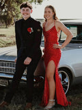 Gemini | Red Halter Mermaid Sequins Prom Dress With Split by KissProm