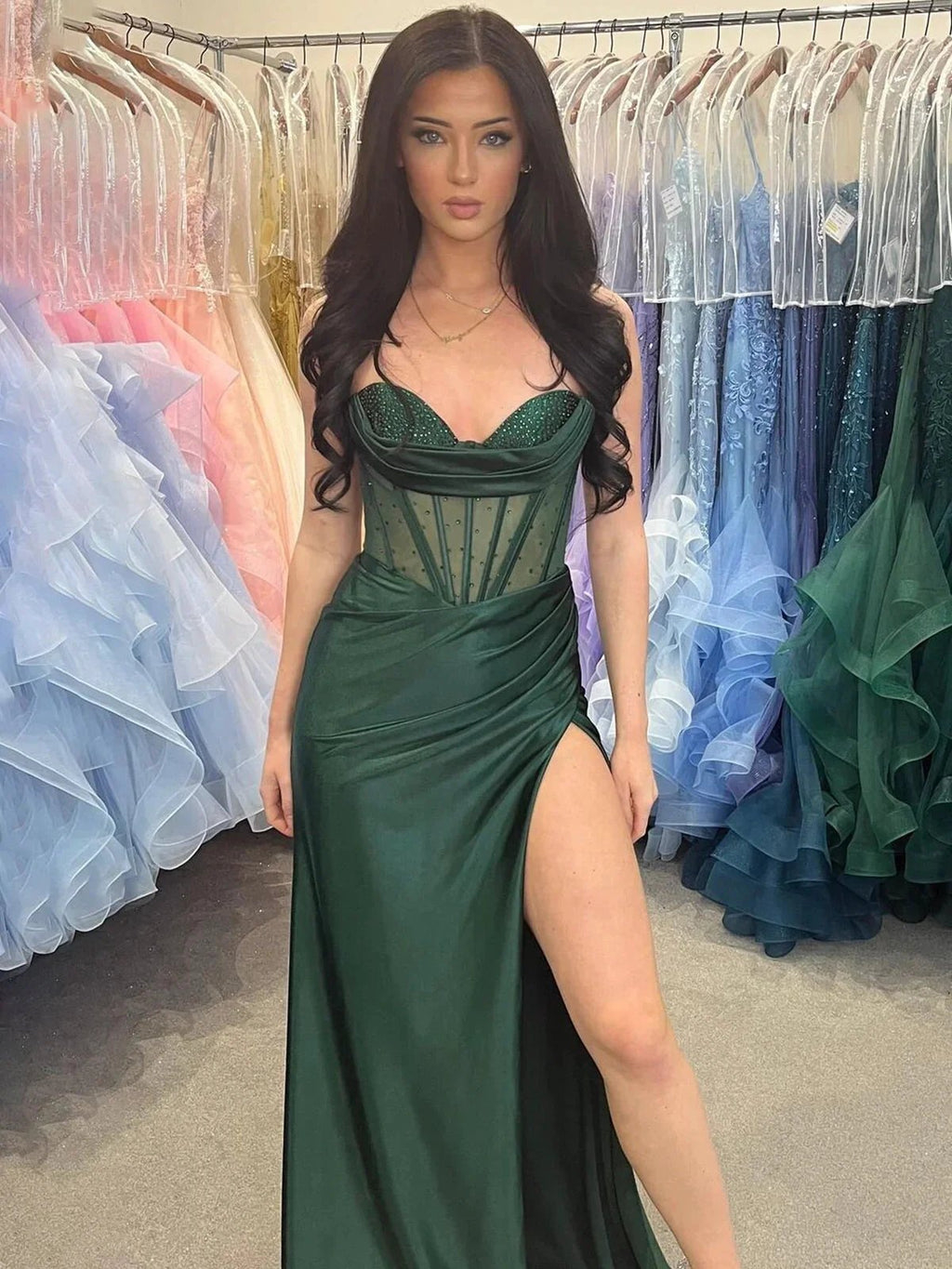 Genie | Sheer Corset Dark Green Beaded Mermaid Long Formal Dress by KissProm