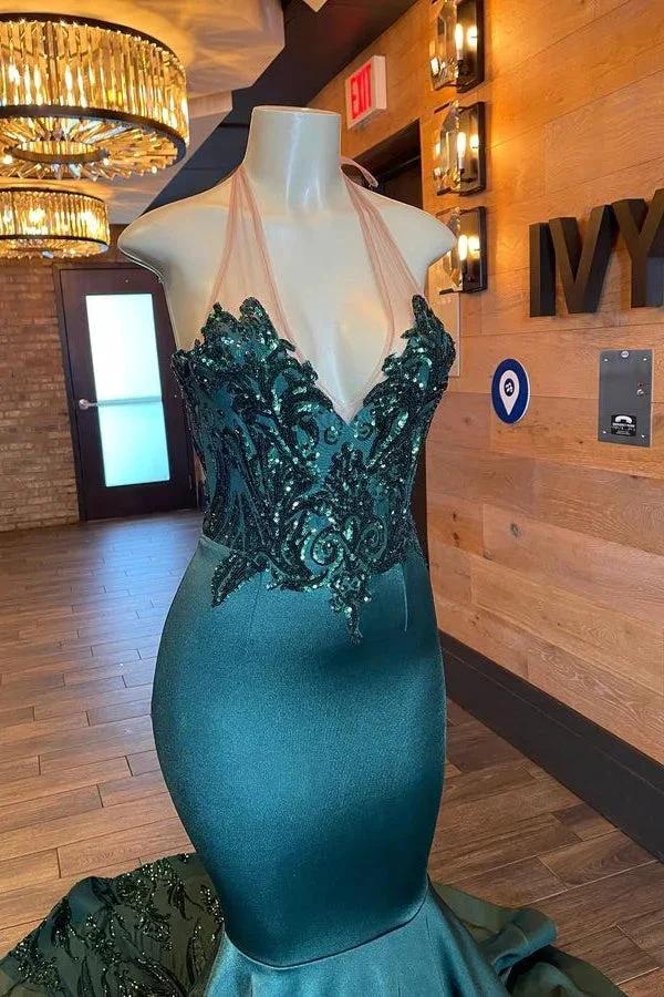 Glamorou V-neck Sleeveless Halter Mermaid Prom Dress With Beading by misshow.com