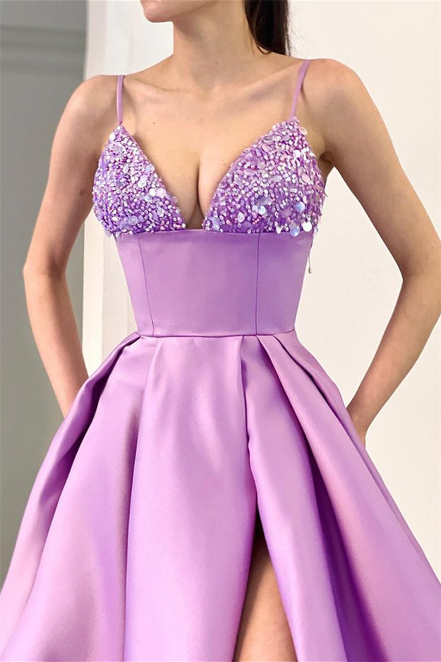 Glamorous A-line Spaghetti Straps Split Front Sequined Prom Dress Main Image