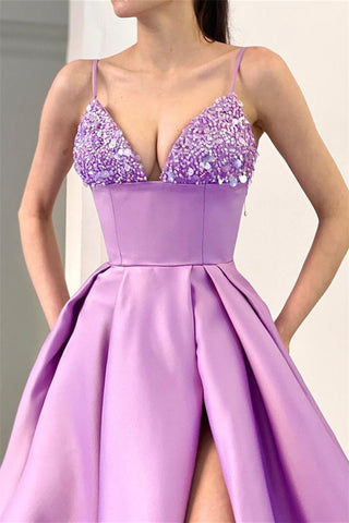 Glamorous A-line Spaghetti Straps Split Front Sequined Prom Dress
