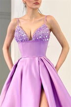 Glamorous A-line Spaghetti Straps Split Front Sequined Prom Dress