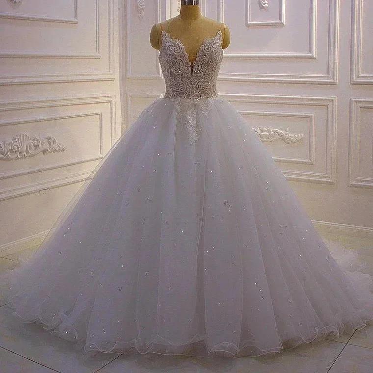 Glamorous A-line V-neck Sleeveless Wedding Dress With Lace by misshow.com