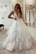 Glamorous A-line V-neck Straps Appliques Wedding Dress With Lace by misshow.com
