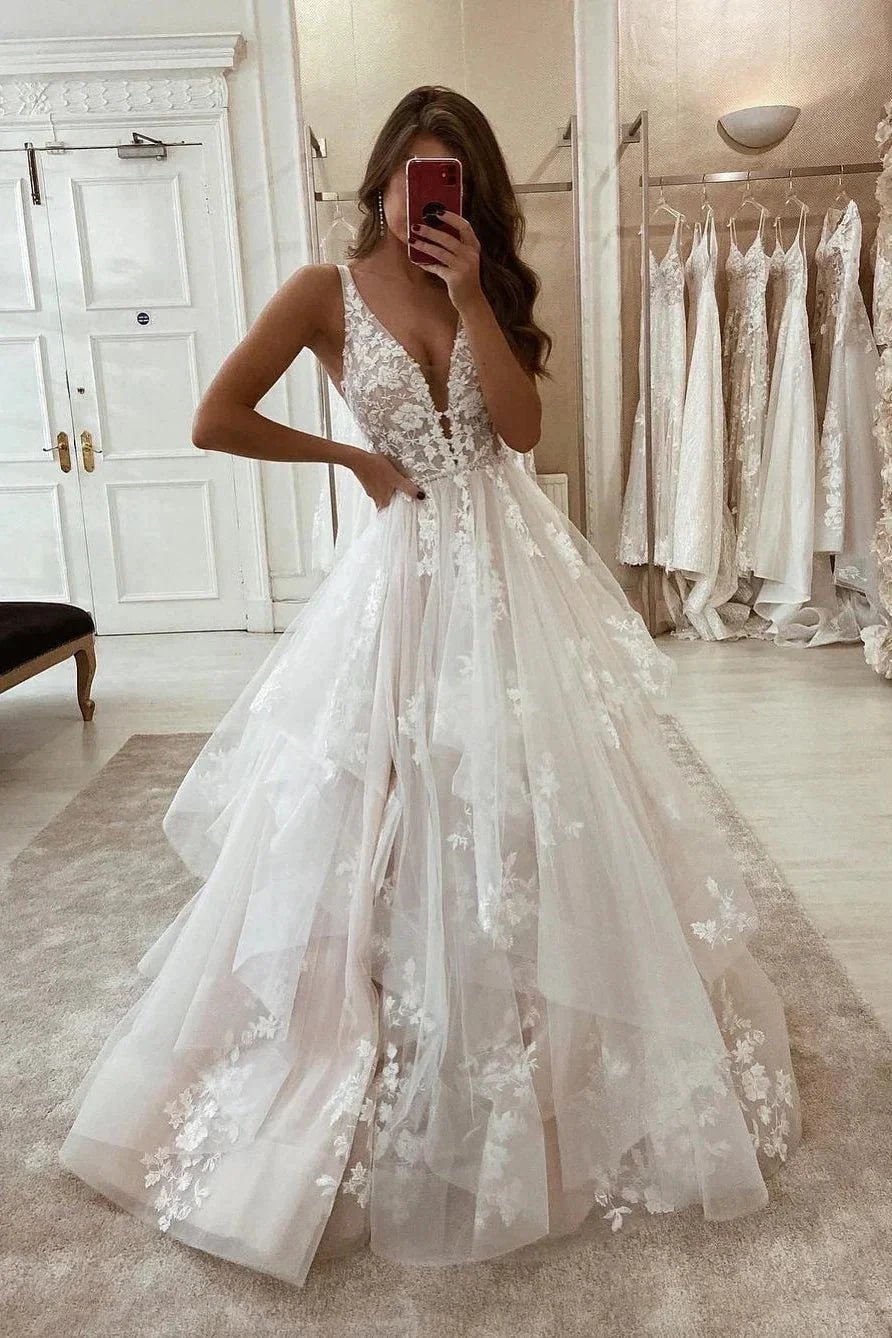 Glamorous A-line V-neck Straps Appliques Wedding Dress With Lace by misshow.com