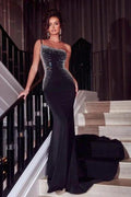 Glamorous Black Long Glitter One Shoulder Sleeveless Sequined Mermaid Evening Dress by misshow.com