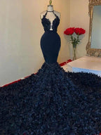 Glamorous Black V-neck Halter Appliques Sleeveless Floor-length Mermaid Prom Dresses by misshow.com