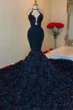 Glamorous Black V-neck Halter Appliques Sleeveless Floor-length Mermaid Prom Dresses by misshow.com