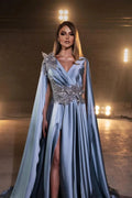Glamorous Blue Long A-line V-neck Split Beading Prom Dress by misshow.com
