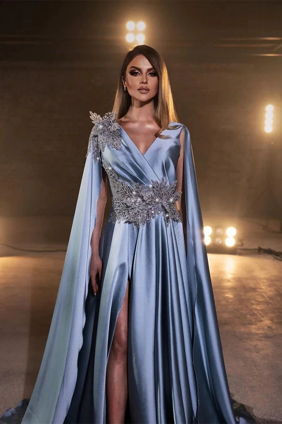 Glamorous Blue Long A-line V-neck Split Beading Prom Dress by misshow.com