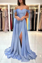 Glamorous Blue Long Glitter Off-the-shoulder Sleeveless Evening Dresses With Slit by misshow.com