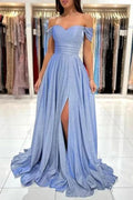 Glamorous Blue Long Glitter Off-the-shoulder Sleeveless Evening Dresses With Slit by misshow.com