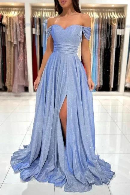 Glamorous Blue Long Glitter Off-the-shoulder Sleeveless Evening Dresses With Slit by misshow.com