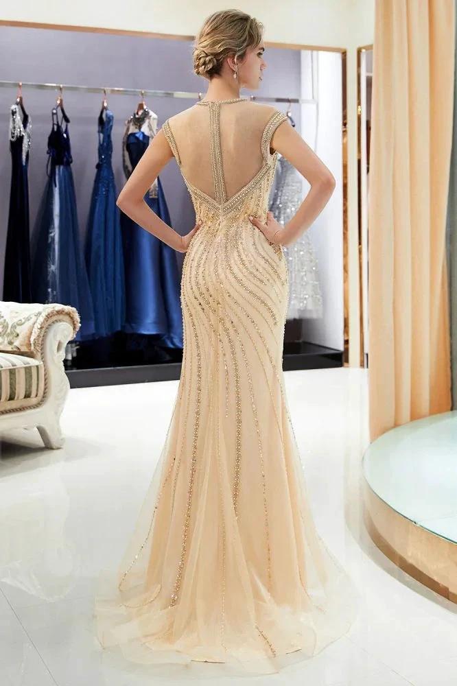 Glamorous Cap Sleeves Mermaid Golden Beading Evening Gown by misshow.com