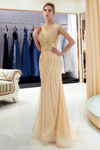 Glamorous Cap Sleeves Mermaid Golden Beading Evening Gown by misshow.com