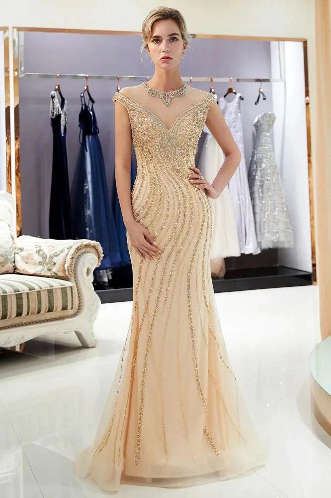 Glamorous Cap Sleeves Mermaid Golden Beading Evening Gown by misshow.com