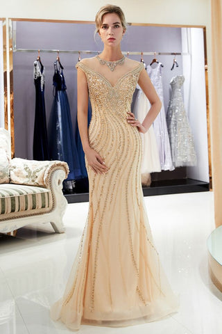 Glamorous Cap Sleeves Mermaid Golden Beading Evening Gown