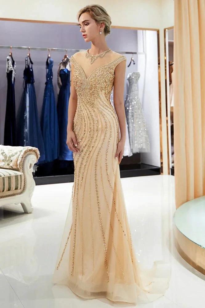 Glamorous Cap Sleeves Mermaid Golden Beading Evening Gown by misshow.com