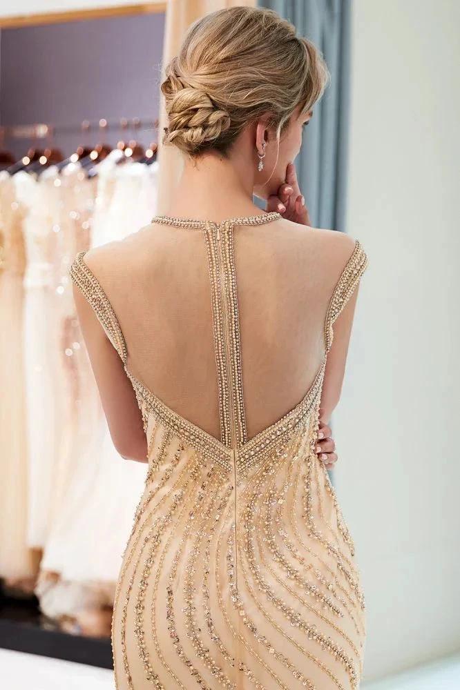 Glamorous Cap Sleeves Mermaid Golden Beading Evening Gown by misshow.com